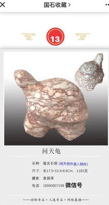 问天龟 &nbsp;&nbsp;动物奇石 &nbsp;&nbsp;&nbsp;入选奇石 &nbsp;&nbsp;&nbsp;&nbsp;重量：1182克 &nbsp;&nbsp;&nbsp;尺寸 &nbsp;&nbsp;长17.5*10.3*8.8Cm， 藏家:袁袋深 &nbsp;&nbsp;价格面议 &nbsp;&nbsp;&nbsp;&nbsp;有意者联系18990807198微信号同上
